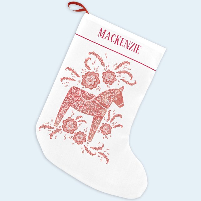 Swedish Dala Horse Folk Art Personalized Red White Small Christmas Stocking (Creator Uploaded)