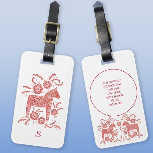 Swedish Dala Horse Folk Art Red White Luggage Tag