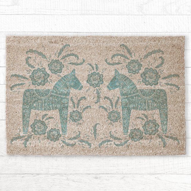 Swedish Dala Horse Folk Art Style Fiber Doormat (Swedish Dala Horse traditional folk art coir fiber doormat)