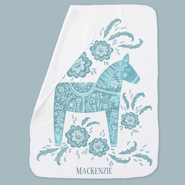 Swedish Dala Horse Folk Art Teal Green Custom Name Baby Blanket (Creator Uploaded)