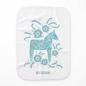 Swedish Dala Horse Folk Art Teal Green Custom Name Baby Burp Cloth