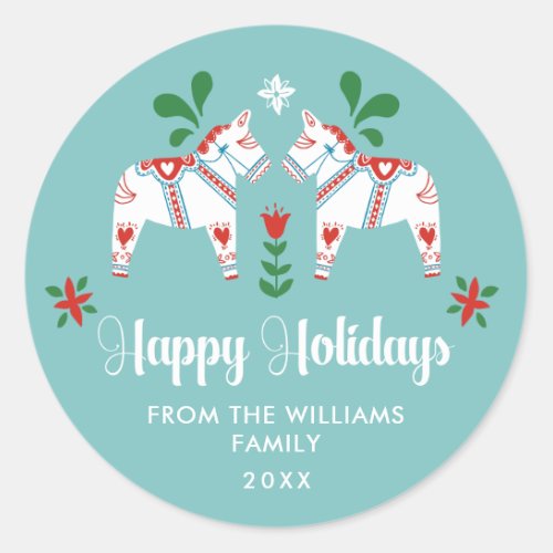 Swedish Dala Horse Folk Happy Holidays Christmas Classic Round Sticker