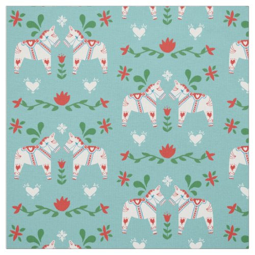 Swedish Dala Horse Folk White Blue Red Christmas Fabric