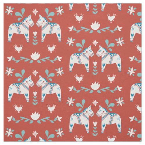 Swedish Dala Horse Folk White Red Christmas Fabric