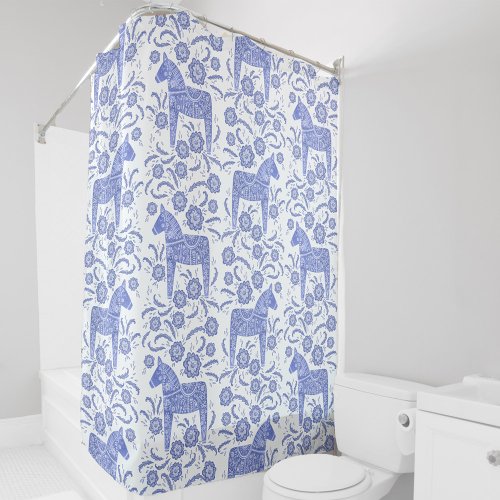 Swedish Dala Horse Fresh Blue and White Shower Curtain