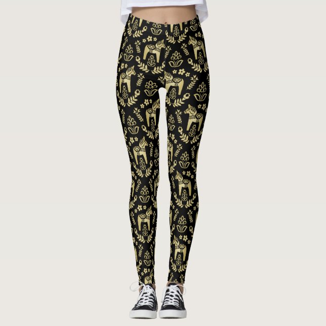Swedish Dala Horse Gold and Black Leggings (Front)