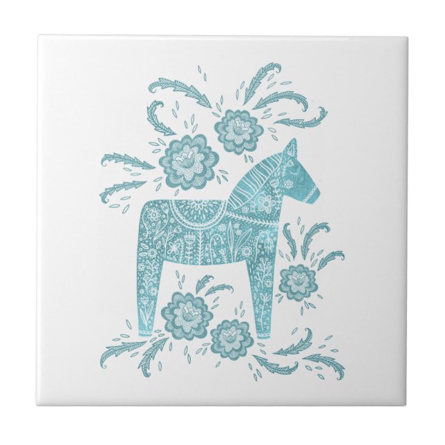 Swedish Dala Horse Green and White Ceramic Tile (Front)