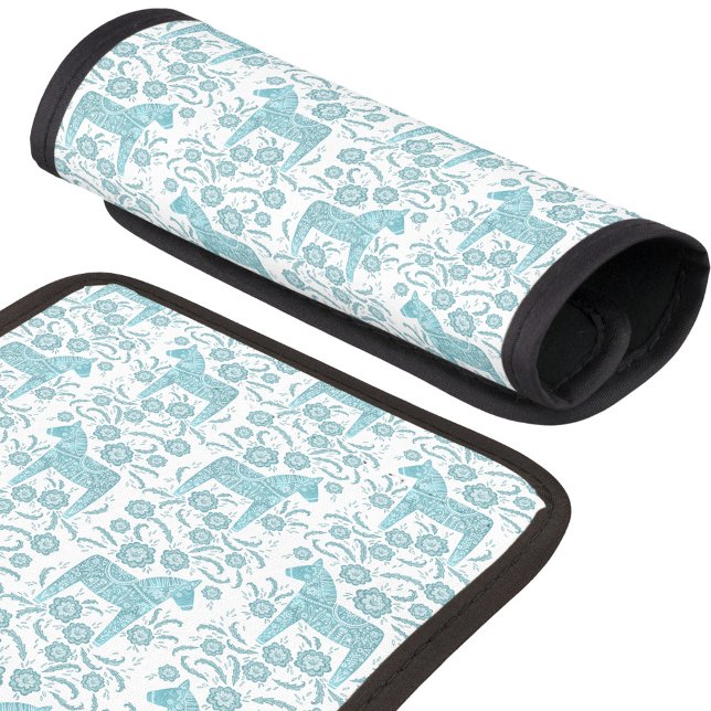Swedish Dala Horse Green and White Luggage Handle Wrap (Swedish Dala Horse teal green pattern art luggage handle wrap)