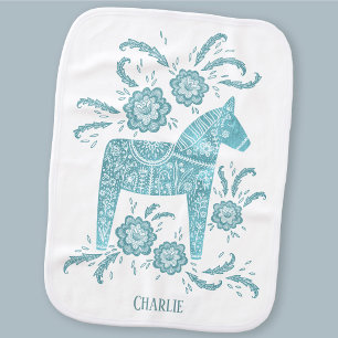 Swedish Dala Horse Green Traditional Custom Name Baby Burp Cloth