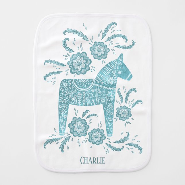 Swedish Dala Horse Green Traditional Custom Name Baby Burp Cloth (Front)