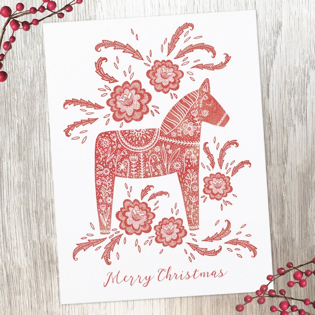 Swedish Dala Horse Holiday Postcard (Swedish Dala Horse red and white Christmas holiday postcard)