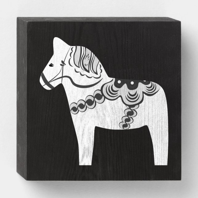 Swedish Dala Horse in Black White Wooden Box Sign (Front Horizontal)
