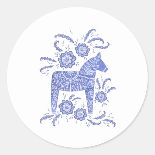 Swedish Dala Horse Indigo Blue and White Classic Round Sticker