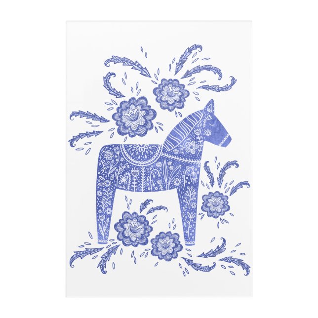 Swedish Dala Horse Indigo Blue and White Folk Art (Front)