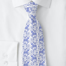 Swedish Dala Horse Indigo Blue and White Folk Art Neck Tie