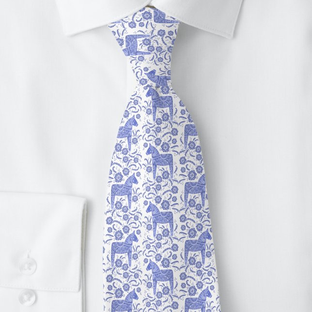 Swedish Dala Horse Indigo Blue and White Folk Art Neck Tie (Swedish Dala Horse folk art blue and white tie)