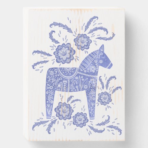 Swedish Dala Horse Indigo Blue and White Folk Art Wooden Box Sign