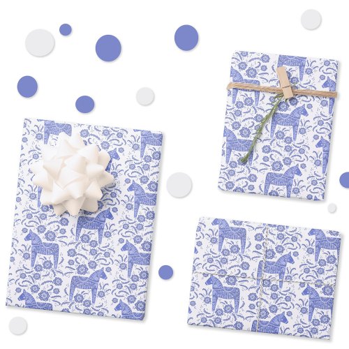 Swedish Dala Horse Indigo Blue and White Folk Art Wrapping Paper Sheets