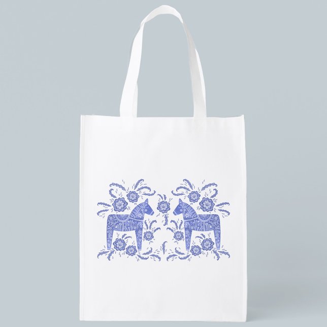 Swedish Dala Horse Indigo Blue and White Grocery Bag (Creator Uploaded)