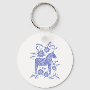 Swedish Dala Horse Indigo Blue and White Keychain