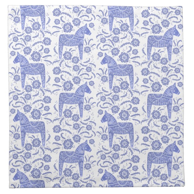 Swedish Dala Horse Indigo Blue and White Pattern Cloth Napkin (Front)