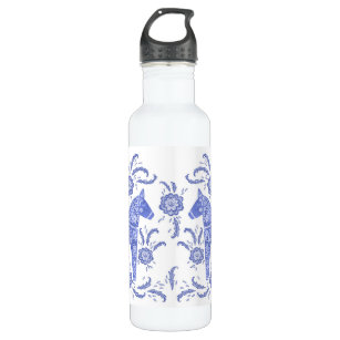 Swedish Dala Horse Indigo Blue  and White Stainless Steel Water Bottle