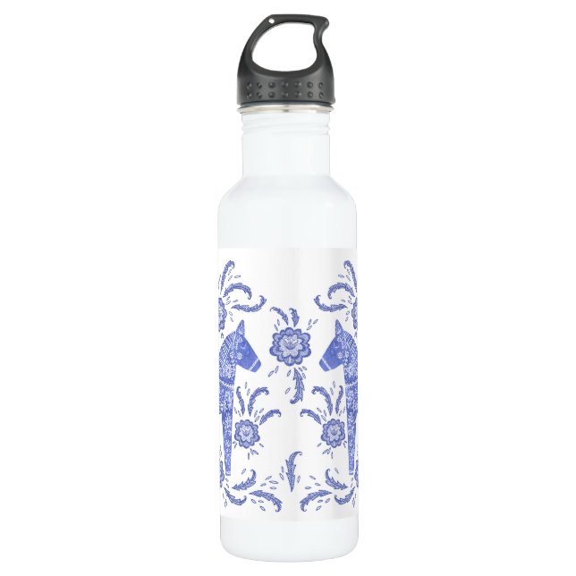 Swedish Dala Horse Indigo Blue  and White Stainless Steel Water Bottle (Front)