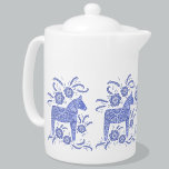 Swedish Dala Horse Indigo Blue and White Teapot<br><div class="desc">A traditional Swedish Dala Horse design in periwinkle blue and white. Perfect for the winter holidays,  or for horse and pony lovers.  Original art by Nic Squirrell.</div>