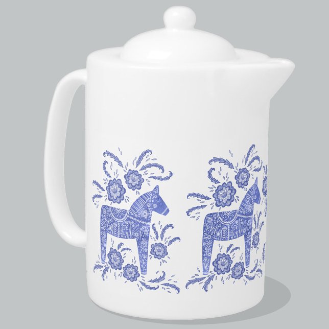 Swedish Dala Horse Indigo Blue and White Teapot (Swedish Dala Horse folk art blue and white teapot)