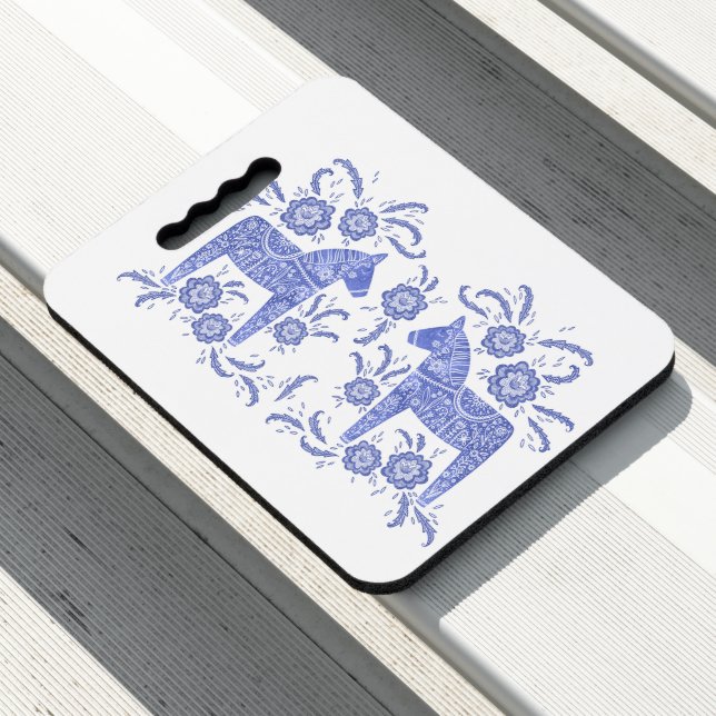 Swedish Dala Horse Indigo Blue Folk Art Seat Cushion (In Situ)