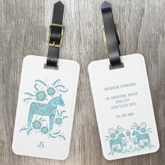 Swedish Dala Horse Monogram Luggage Tag (Teal green Swedish Dala Horse personalized luggage tag)