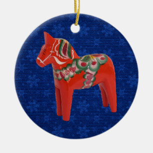 Swedish Dala Horse on Field of Blue Stars Ceramic Ornament