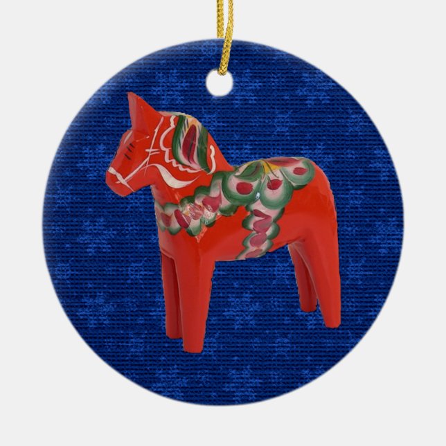 Swedish Dala Horse on Field of Blue Stars Ceramic Ornament (Front)