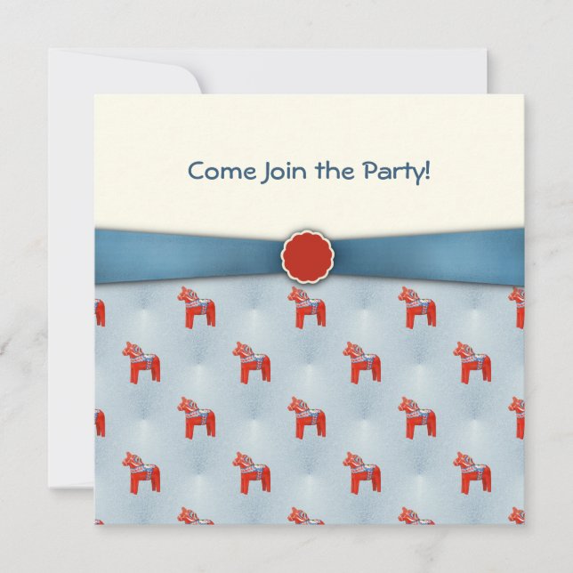 Swedish Dala Horse Party Blue Ribbon Invitation (Front)
