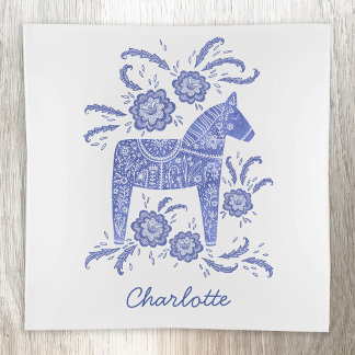 Swedish Dala Horse Personalized Blue and White Trinket Tray