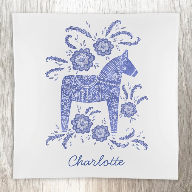 Swedish Dala Horse Personalized Blue and White Trinket Tray (Swedish Dala Horse personalized custom name glass trinket tray)
