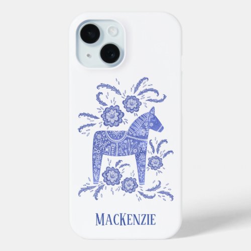 Swedish Dala Horse Personalized Blue iPhone 15 Case