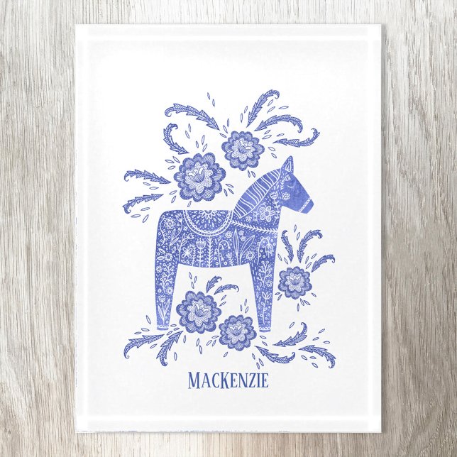 Swedish Dala Horse Personalized Blue Paperweight (Swedish Dala Horse blue and white personanlized custom name paperweight)