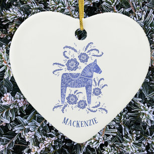 Swedish Dala Horse Personalized Blue White Ceramic Ornament