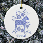 Swedish Dala Horse Personalized Blue White Ceramic Ornament<br><div class="desc">Periwinkle blue and white painting of a Swedish Dala Horse. 
Change or remove the name to customize.</div>