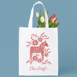 Swedish Dala Horse Personalized Grocery Bag<br><div class="desc">A pretty traditional Swedish Dala Horse in red and white with script typography.  Change the name to personalize.  Original art by Nic Squirrell.</div>