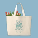 Swedish Dala Horse Personalized Large Tote Bag<br><div class="desc">A pretty traditional Swedish Dala Horse in teal green and white with script typography.  Change the name to personalize.  Original art by Nic Squirrell.</div>
