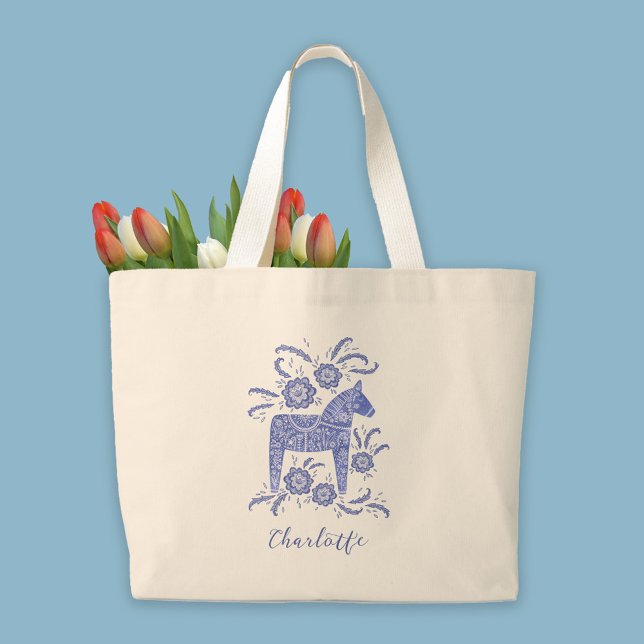 Swedish Dala Horse Personalized Large Tote Bag (Creator Uploaded)