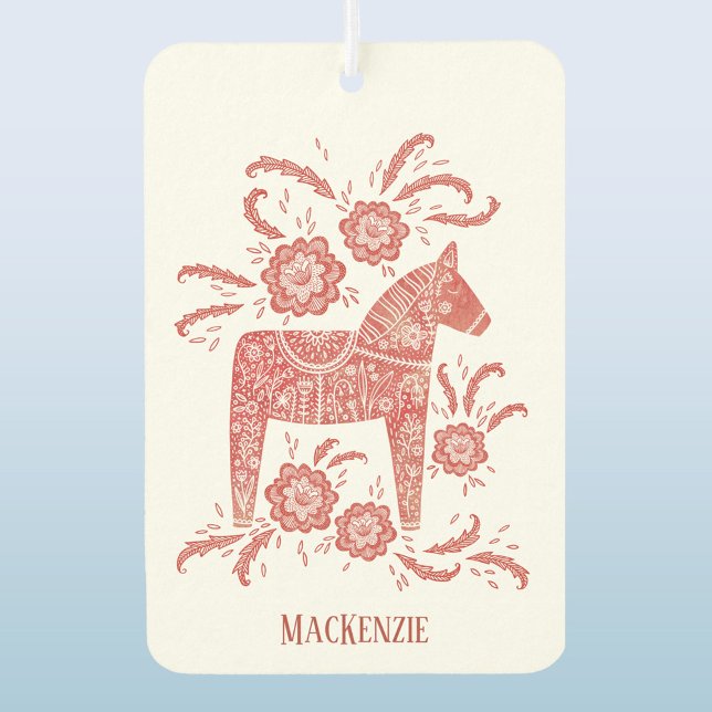 Swedish Dala Horse Personalized Red Air Freshener (Red and white Swedish Dala Horse personalized name car or vehicle air freshener)