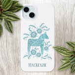Swedish Dala Horse Personalized Teal iPhone 15 Plus Case<br><div class="desc">A traditional Swedish Dala Horse design in teal green and white.  Change or remove the text to customize.</div>