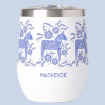 Swedish Dala Horse Personalized Thermal Wine Tumbler<br><div class="desc">A traditional Dala Horse from Sweden in indigo blue and white.  Scandinavian folk art painting in Watercolor. Original art by Nic Squirrell.
 Remove or change the name to customize.</div>