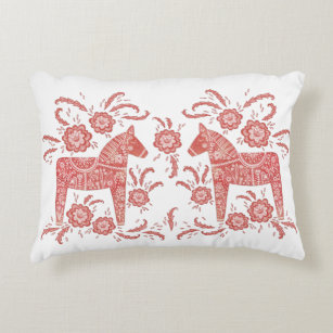 Swedish Dala Horse Red and White Accent Pillow