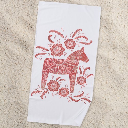 Swedish Dala Horse Red and White Beach Towel