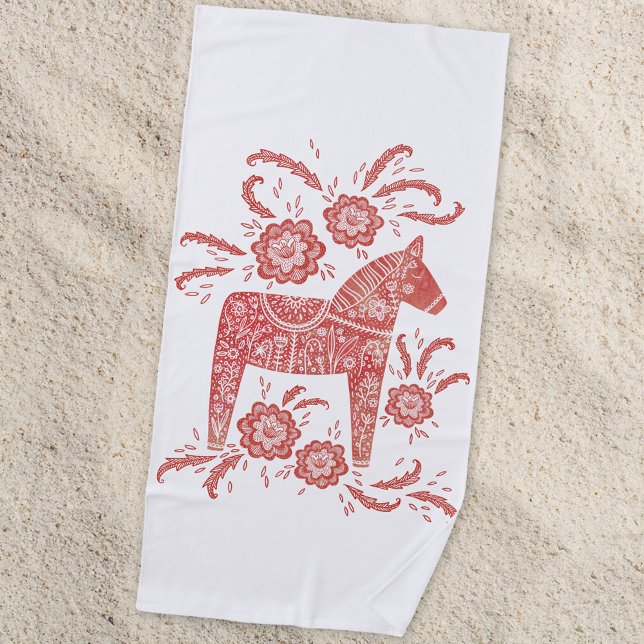 Swedish Dala Horse Red and White Beach Towel (Swedish Dala Horse red and white folk art beach towel)