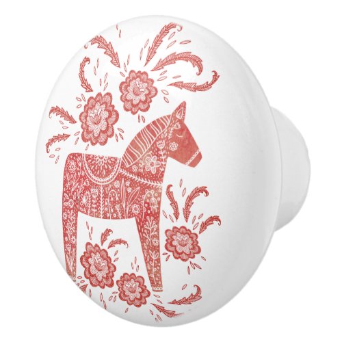 Swedish Dala Horse Red and White Ceramic Knob